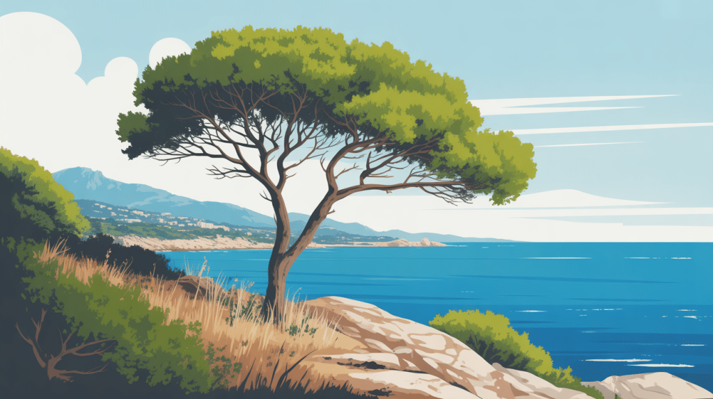 arbre sentier de tire poil surplombant mer Méditerranée