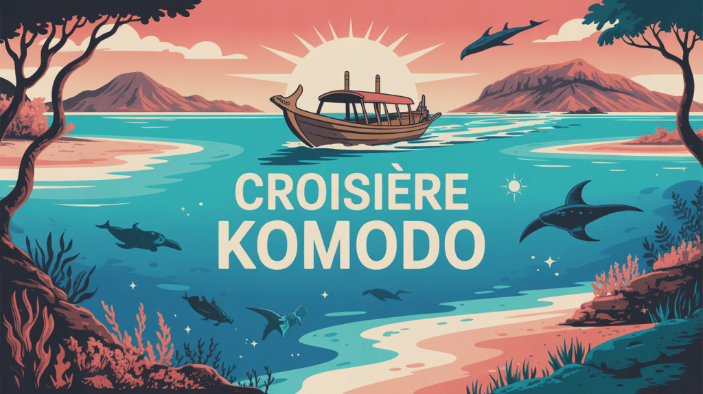 croisiere komodo illustration bateau bois dragons plage rose