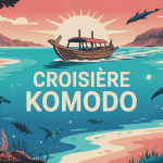 croisiere komodo illustration bateau bois dragons plage rose