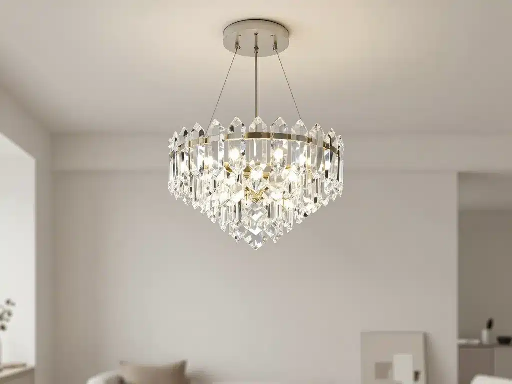 lustre cristal moderne design diffusant lumière dans salon contemporain