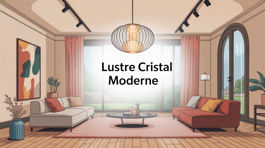 lustre cristal moderne suspendu au centre d’un salon élégant