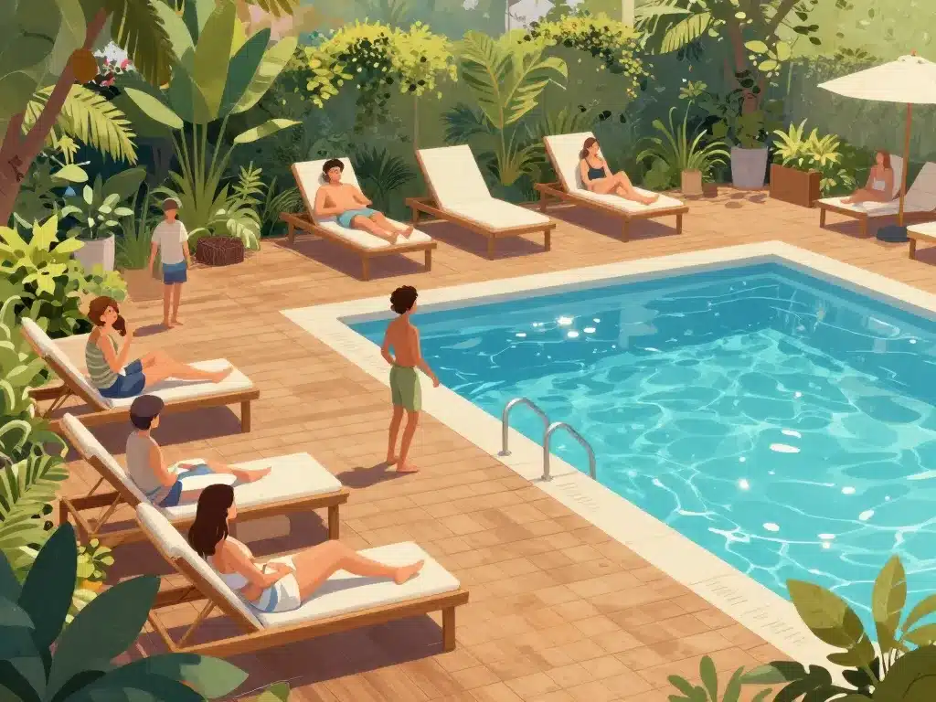 Illustration terrasse piscine en bois design sécurisé et convivial