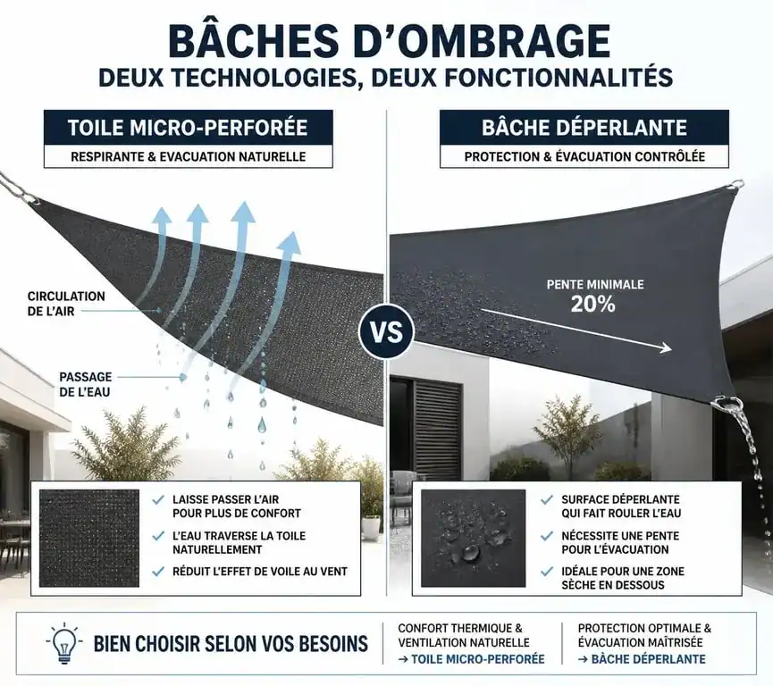 Comparatif technique des bâches d'ombrage : toile micro-perforée vs bâche déperlante pour terrasse