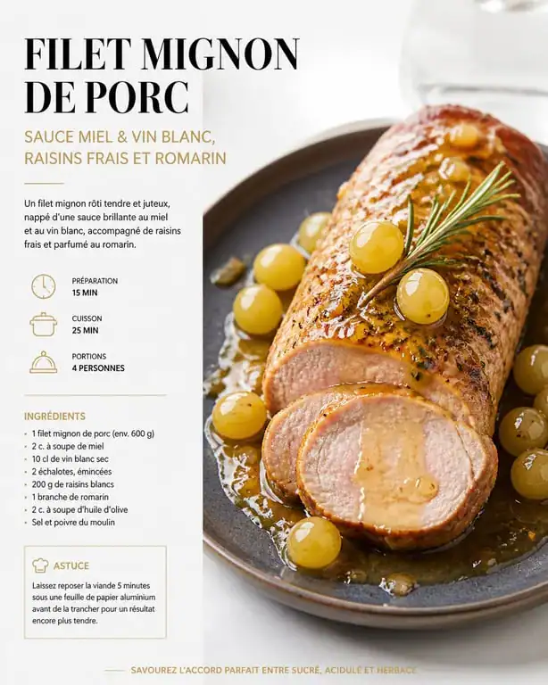 Filet mignon aux raisins et miel de montagne, une recette savoureuse et élégante.