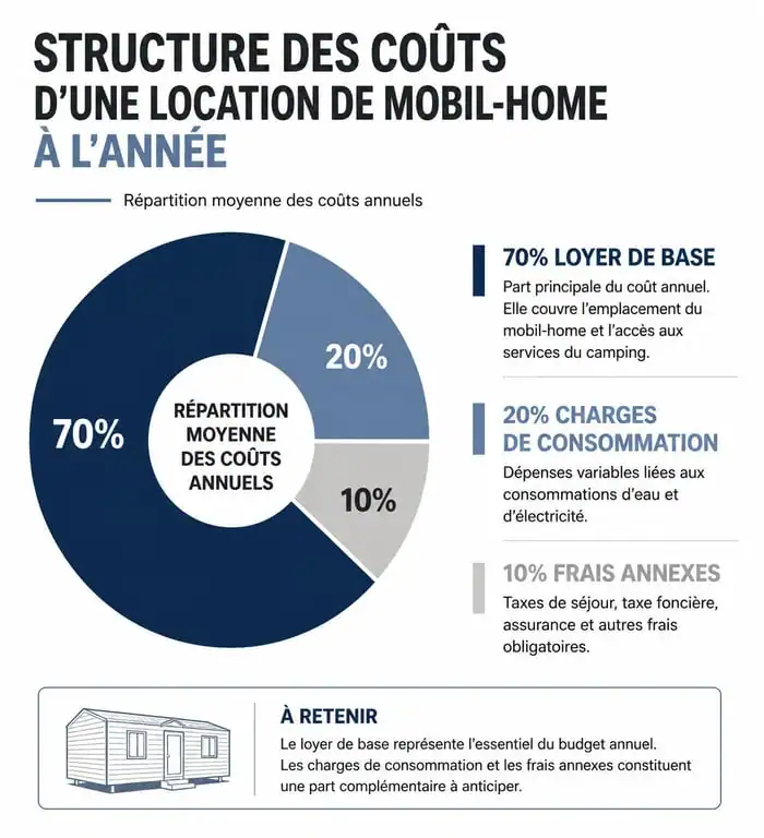 Répartition des coûts pour une location de mobil-home à l'année : loyer, charges et taxes