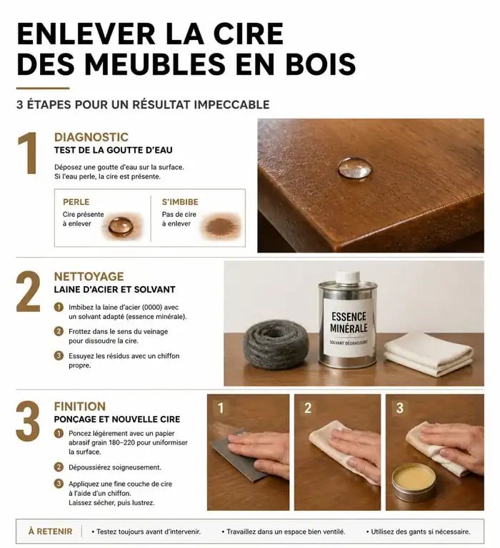 Infographie des étapes pour enlever la cire sur un meuble en bois : diagnostic, nettoyage et finition.
