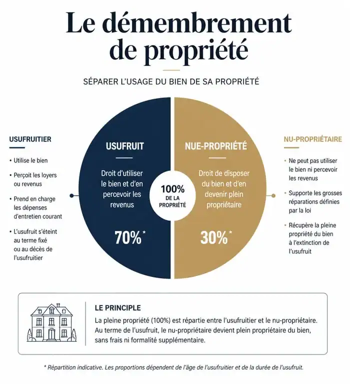 Schéma explicatif du démembrement de propriété pour une donation en nue-propriété après 70 ans
