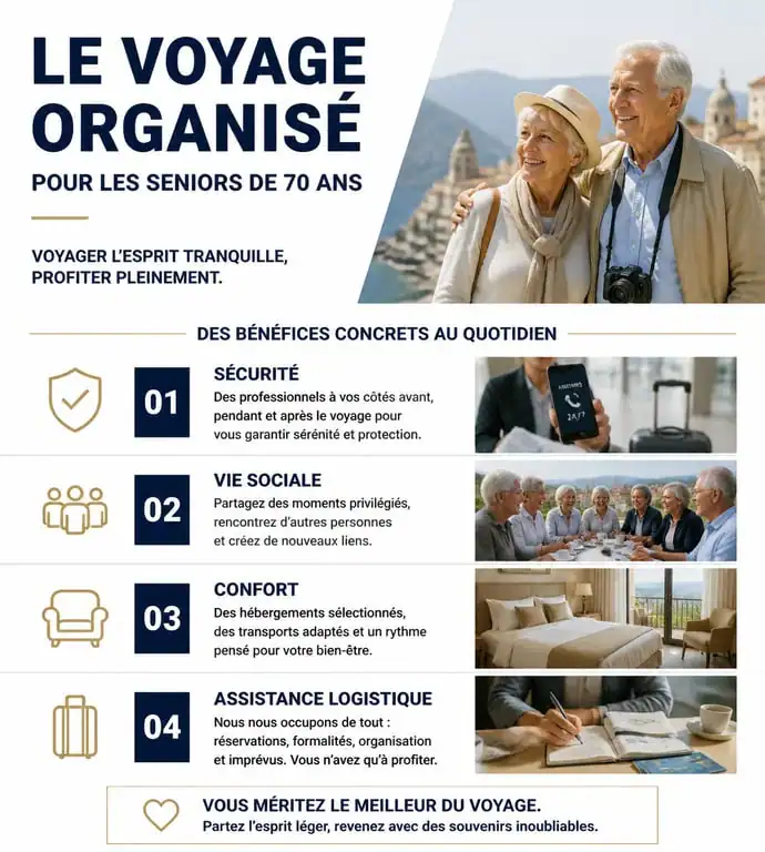 Infographie sur les bénéfices des voyages organisés pour personnes seules de 70 ans