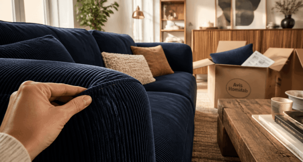 homifab avis canapé velours bleu couture