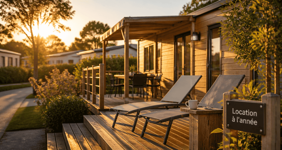 location mobil home à l'année particulier terrasse bois