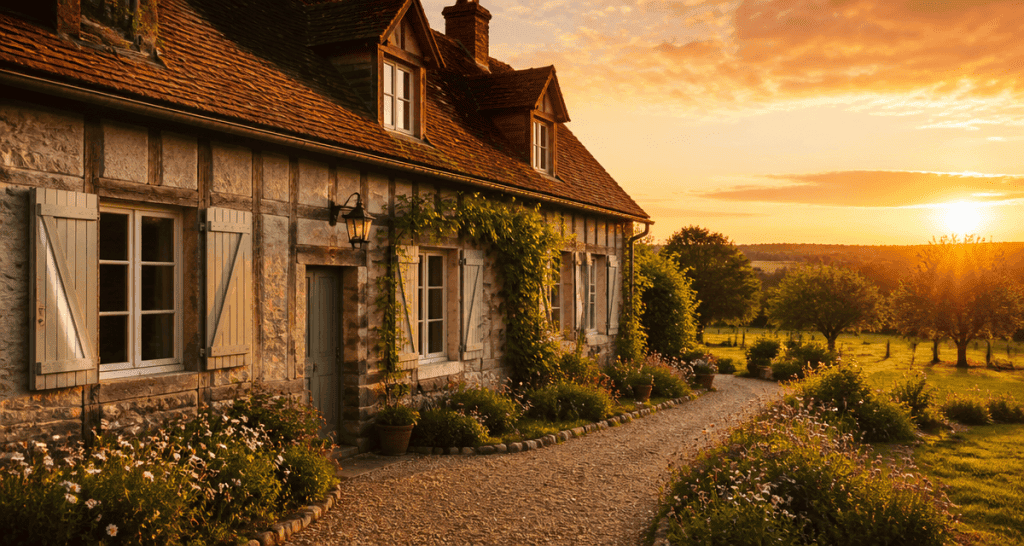 longere normandie en pierre et colombages sous lumière dorée