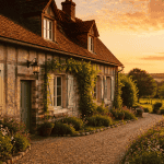 longere normandie en pierre et colombages sous lumière dorée