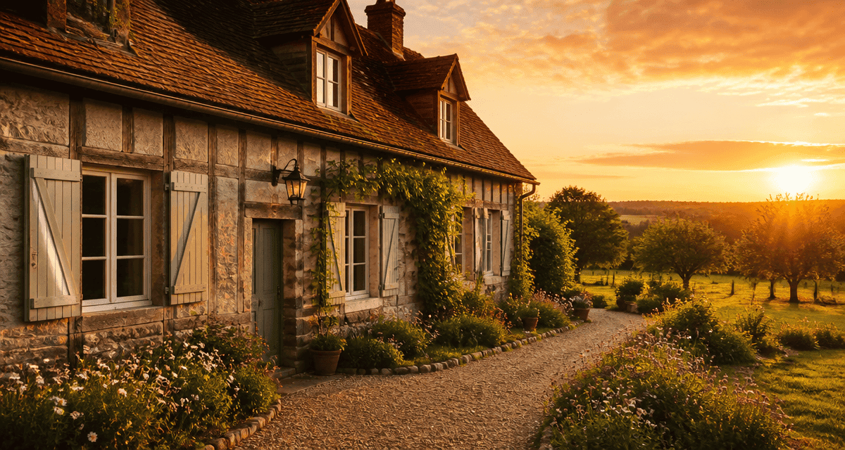 longere normandie en pierre et colombages sous lumière dorée