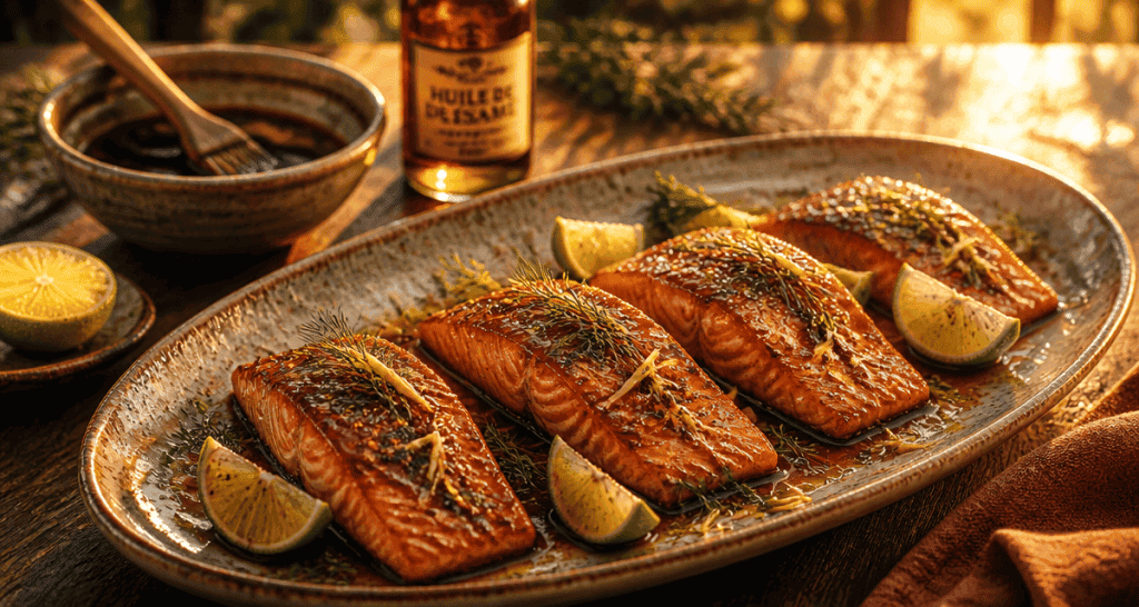 Marinade pour le saumon sur plat céramique avec citron et aneth