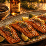 Marinade pour le saumon sur plat céramique avec citron et aneth