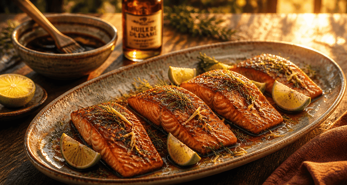 Marinade pour le saumon sur plat céramique avec citron et aneth