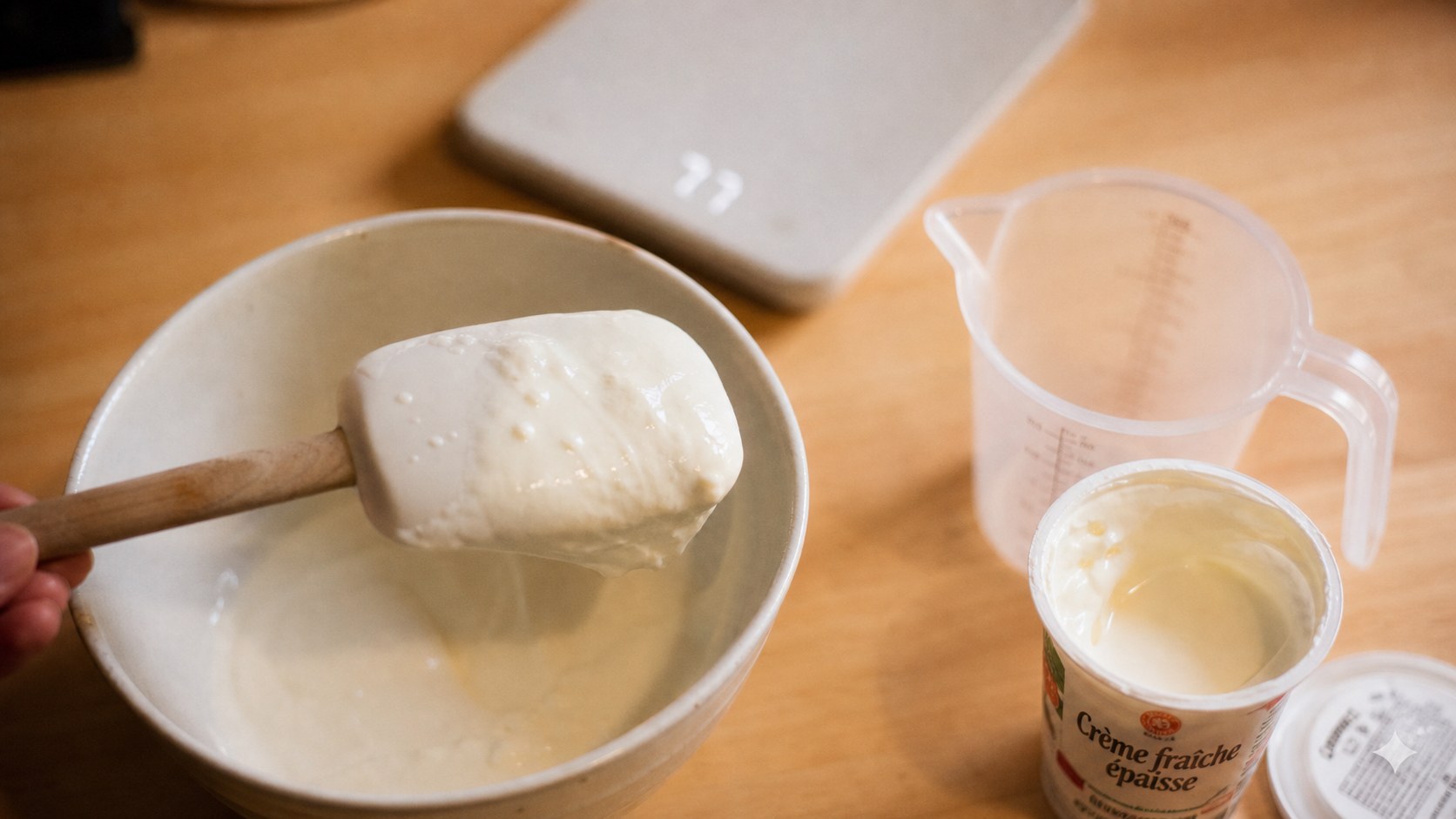 20 cl crème fraîche épaisse en gramme, bol de crème fraîche épaisse et doseur gradué
