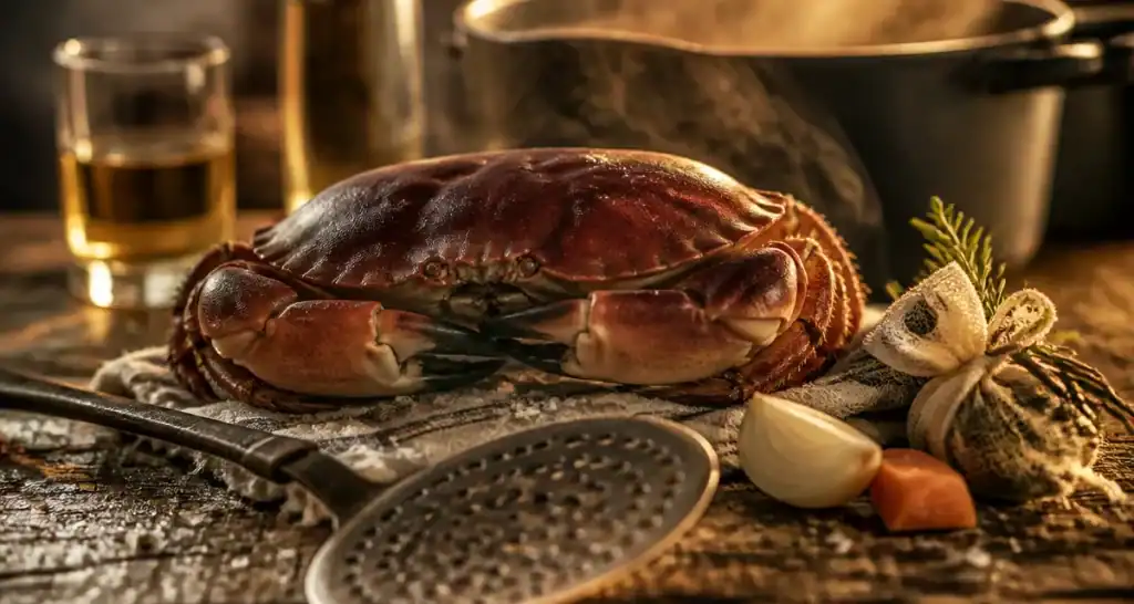 Cuisson du tourteau : tourteau ébouillanté dans un court-bouillon aromatique fumant