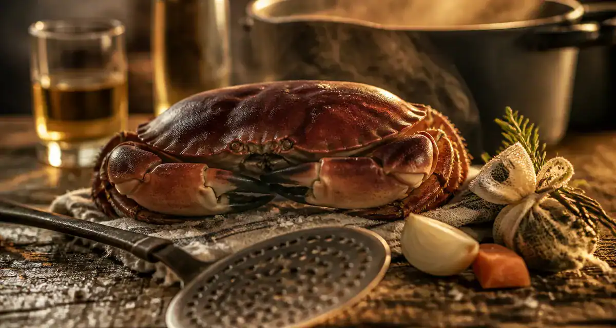 Cuisson du tourteau : tourteau ébouillanté dans un court-bouillon aromatique fumant