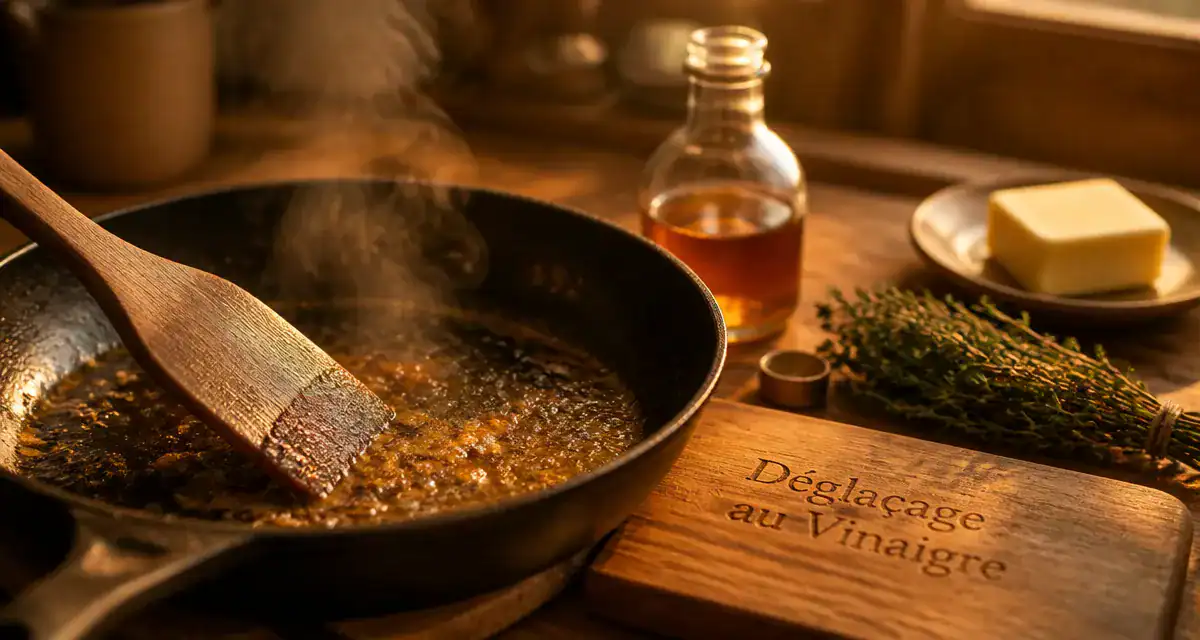 déglacer au vinaigre dans une poêle en cuisine