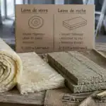 Différence entre laine de verre et laine de roche : échantillons laine de verre et laine de roche sur établi de chantier
