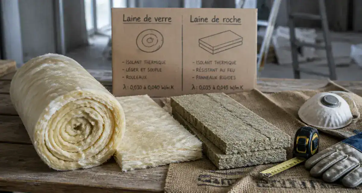 Différence entre laine de verre et laine de roche : échantillons laine de verre et laine de roche sur établi de chantier