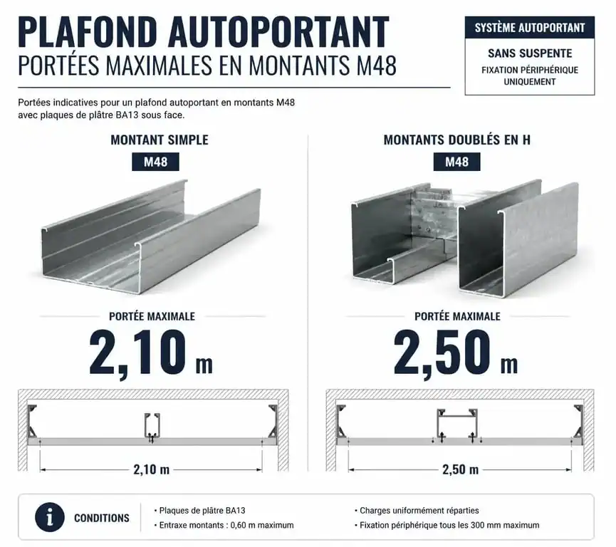 Infographie des portées maximales pour plafond autoportant avec montants M48 simple et doublés