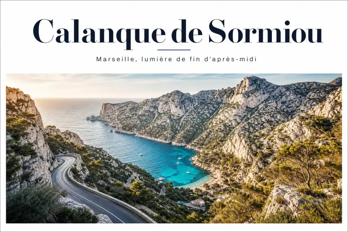 Accès aux calanques en voiture : vue panoramique de la route menant à la calanque de Sormiou.