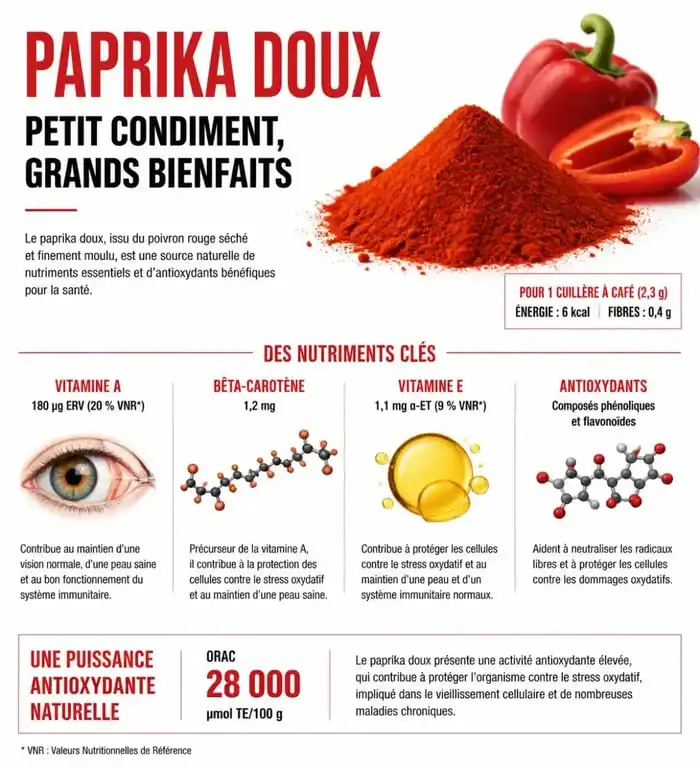 Infographie des bienfaits nutritionnels et vitamines du paprika doux en poudre