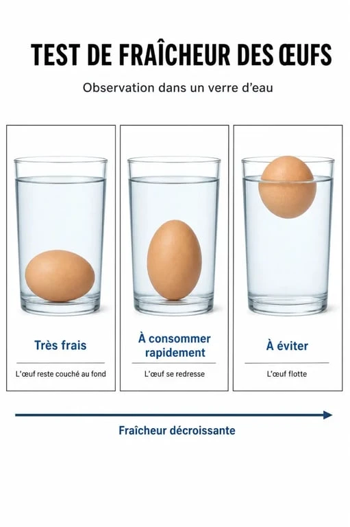 Infographie illustrant le test de flottaison pour reconnaître des œufs frais selon leur position dans l'eau
