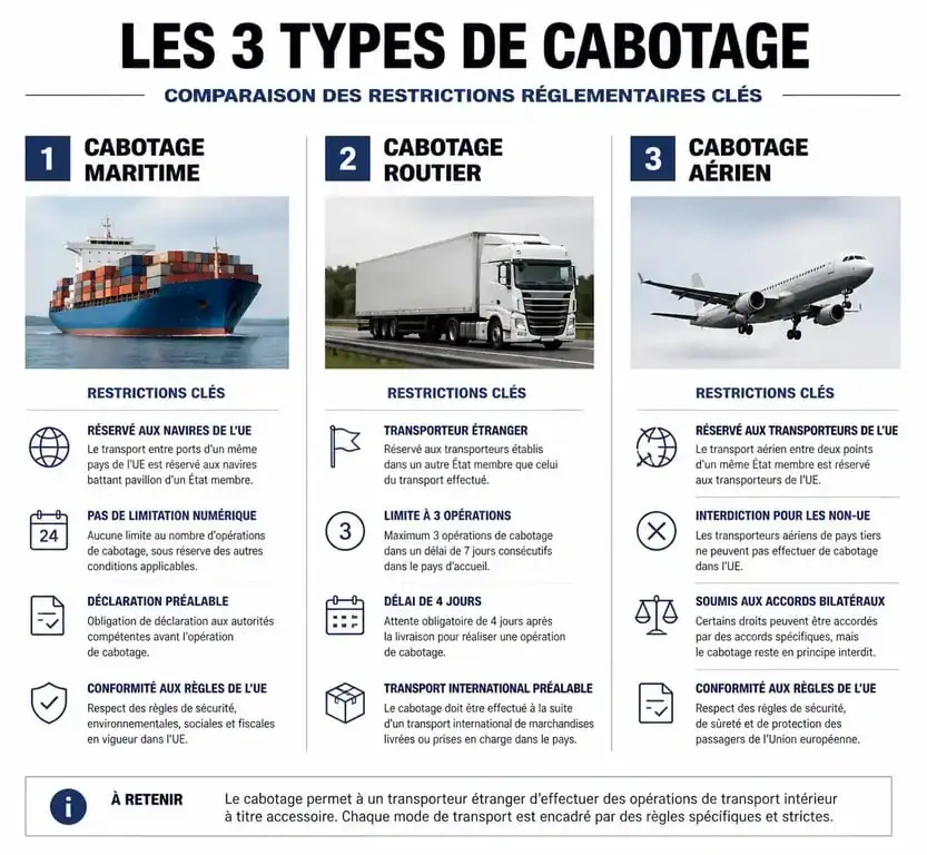 Infographie comparative des types de cabotage maritime, routier et aérien