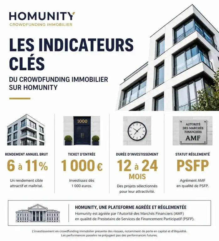 Infographie des indicateurs clés de l'investissement en crowdfunding immobilier sur Homunity