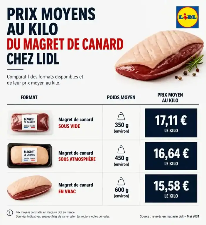 Tableau comparatif des prix du magret de canard chez Lidl par format et poids