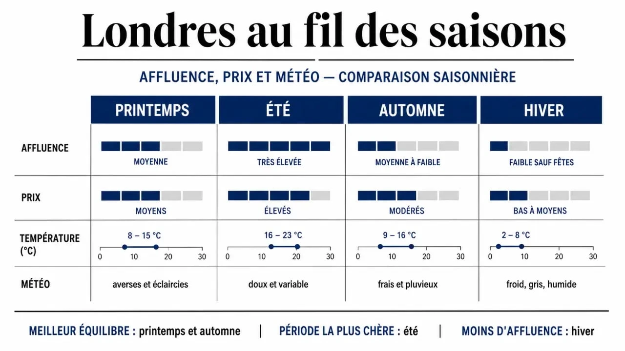 Infographie comparant les meilleures périodes pour visiter Londres selon la météo, les prix et l'affluence touristique pour planifier son voyage.