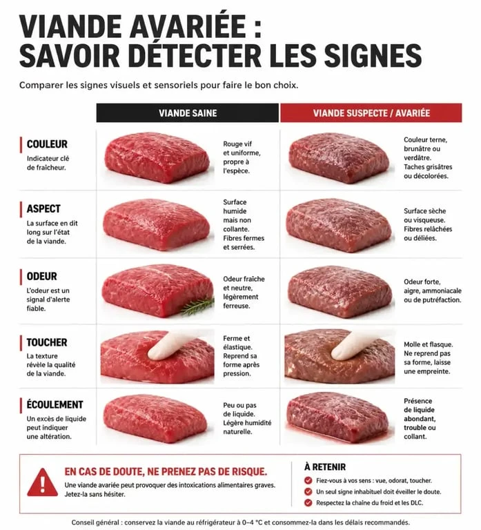 Infographie sur les signes de viande avariée pour savoir si votre viande qui sent fort à la cuisson est encore consommable