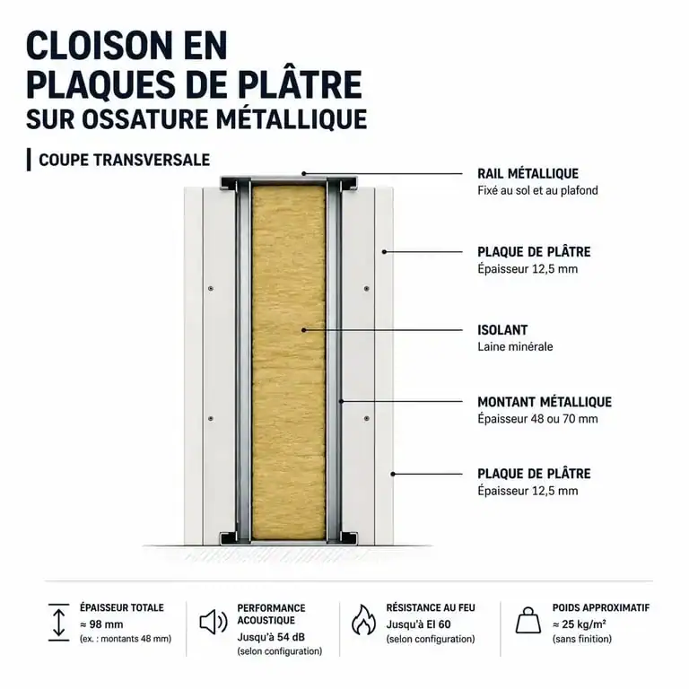 Schéma technique de la coupe d'une cloison en placo avec rail montrant l'épaisseur totale