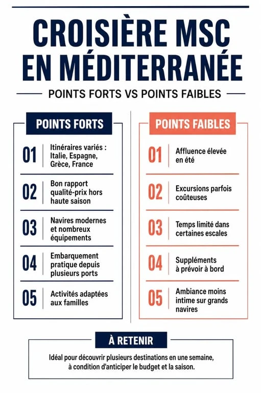 Infographie récapitulative des avis sur les croisières MSC en Méditerranée : points forts et points faibles