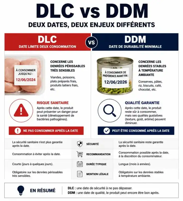 Infographie comparative : DLC vs DDM, comprendre les dates pour éviter le gaspillage alimentaire