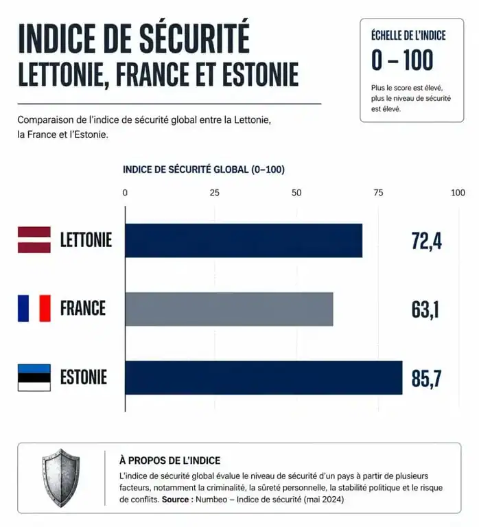 Infographie comparative des indices de sécurité : Lettonie, France et Estonie, pour évaluer si la Lettonie est un pays dangereux.