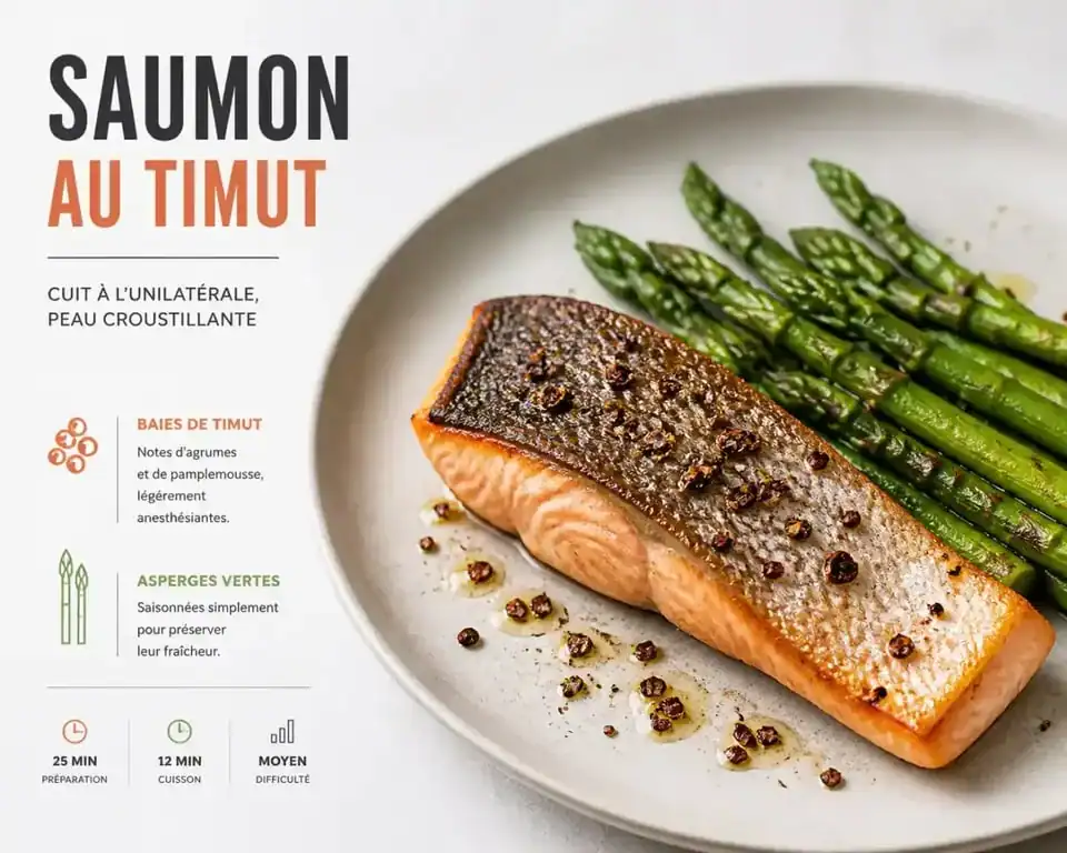 Filet de saumon à l'unilatérale assaisonné avec du poivre de Timut et accompagné d'asperges vertes