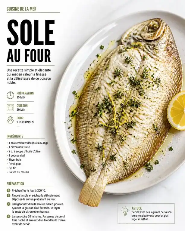Sole au four délicatement préparée avec citron et herbes fraîches