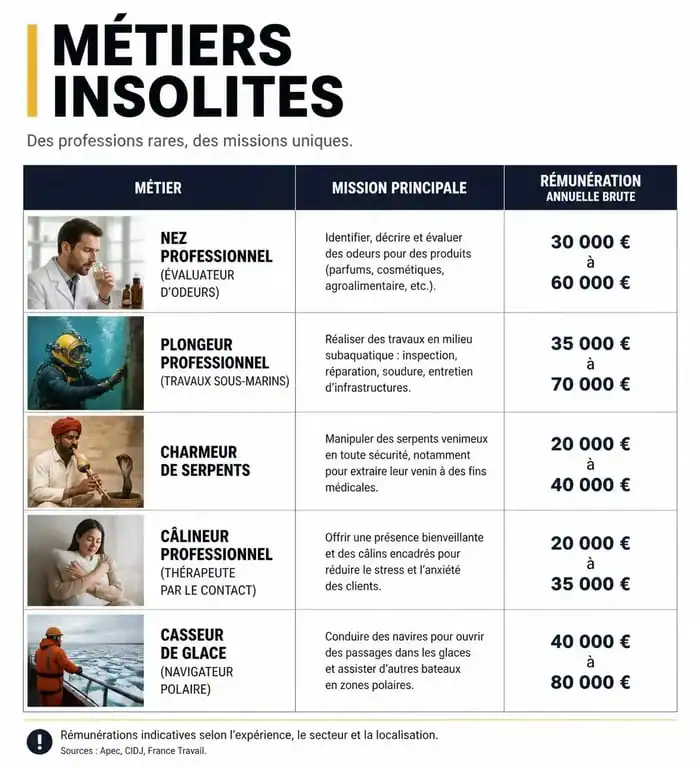 Infographie comparative des métiers insolites : missions, formations et salaires pour une reconversion professionnelle.