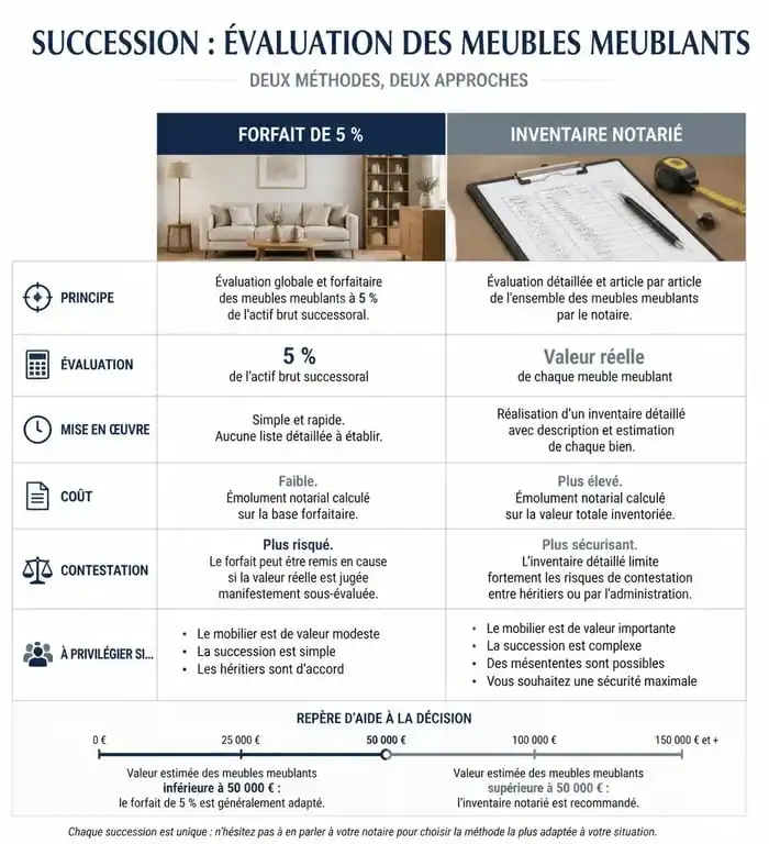 Infographie comparative des méthodes d'évaluation des meubles meublants pour une succession : forfait 5% ou inventaire notarié.
