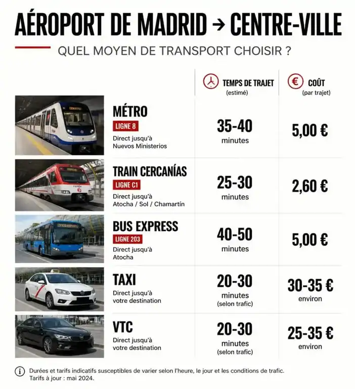 Infographie comparative des moyens de transport pour rejoindre le centre-ville depuis l'aéroport de Madrid Barajas.