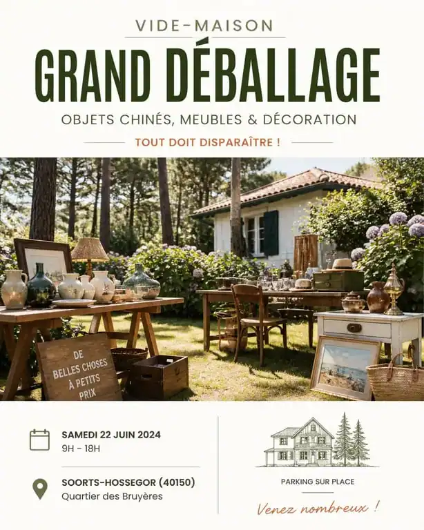 Ambiance d'un vide maison 40 dans un jardin landais avec des objets de brocante