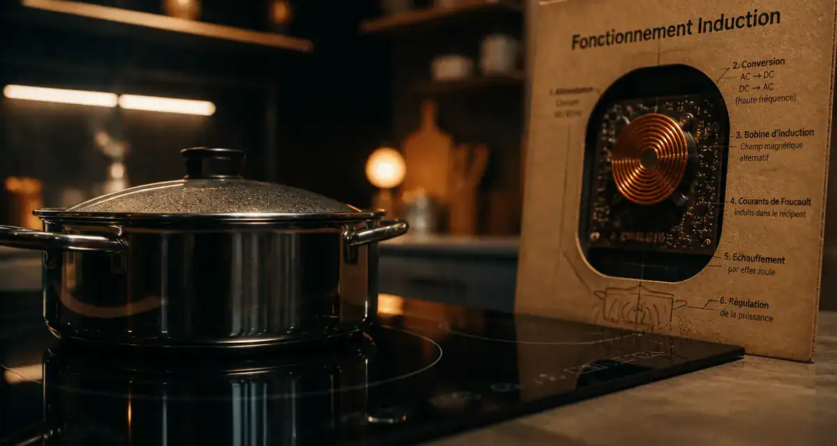 Fonctionnement plaque induction : casserole sur table vitrocéramique noire