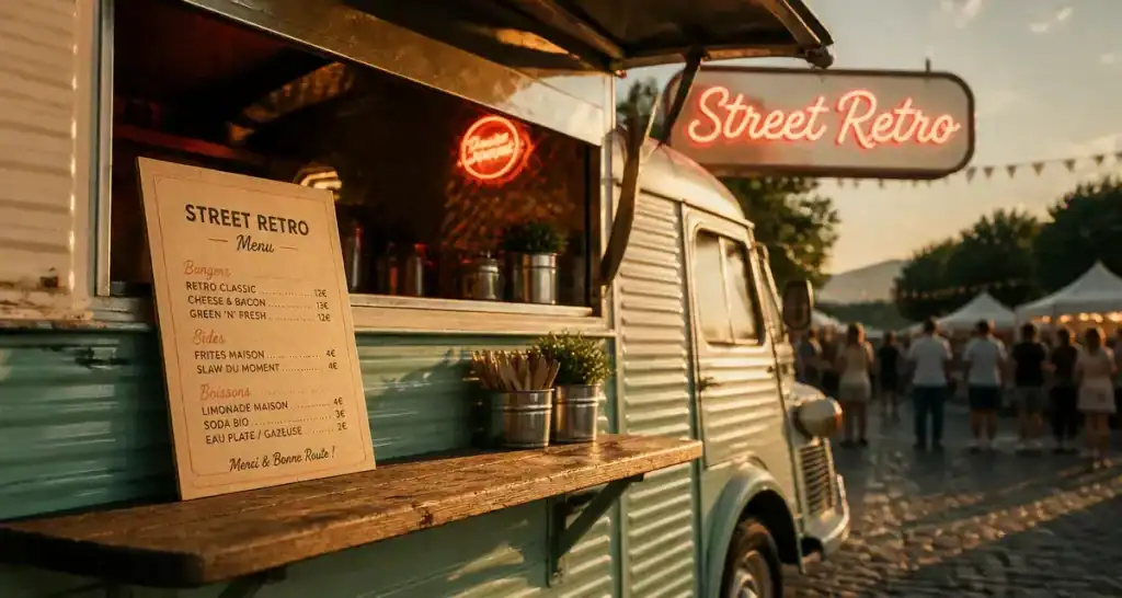 Food truck vintage Street Retro, comptoir rétro et néon corail
