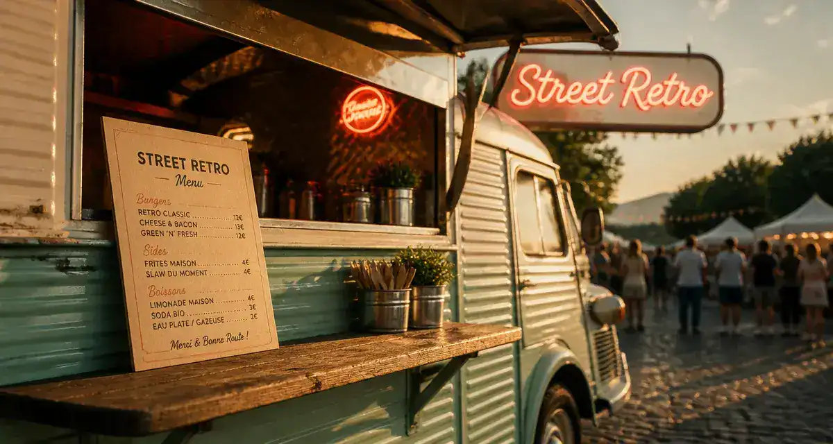 Food truck vintage Street Retro, comptoir rétro et néon corail