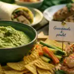 Guacamole à manger avec chips, poulet et crevettes