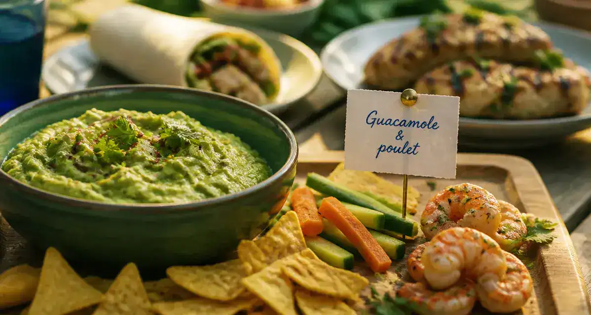 Guacamole à manger avec chips, poulet et crevettes